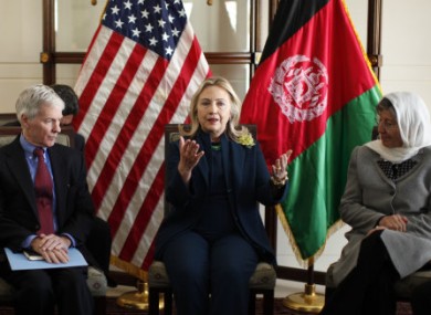 Hillary Clinton speaking at a civil society roundtable discussion in Kabul today.