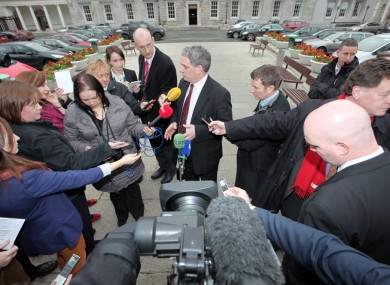 Aengus Ó Snodaigh takes questions from the press outside Leinster House earlier today.