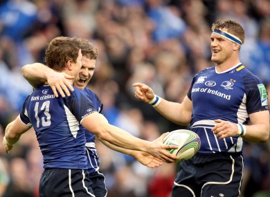 Brian O'Driscoll and Jamie Heaslip celebrate a Leinster try.