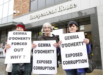 Pictured are Eileen O'Brien, Lucia O'Farrell and Catherine Costello supporters of Gemma O'Doherty protesting outside the newspaper's offices.