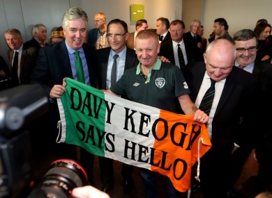 Republic of Ireland manager Martin O’Neill and FAI CEO John Delaney with fan Davy Keogh.