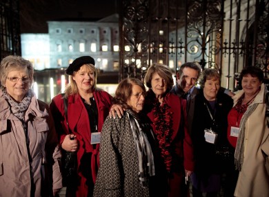 Marina Gambold, Maureen Sullivan, Mary McGuinness, Kathleen Janette, Steven O'Riordan, Geraldine Cronin and Julie McClure of Magdalene Survivors Together leaving Leinster House in Dublin after hearing Taoiseach Enda Kenny's state apology in Februrary.