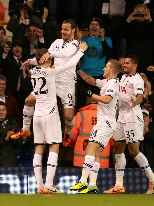 Roberto Soldado celebrates his first goal of the evening for Spurs.