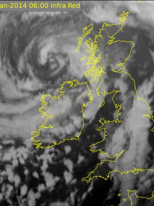 A satellite image of Ireland at 6am shows the stormy conditions at play over the country.