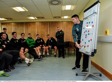 Robbie Keane discussing tactics with the IT Carlow students during his coaching qualification course today.
