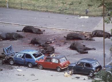 Horses lie dead after the bomb in Hyde Park.