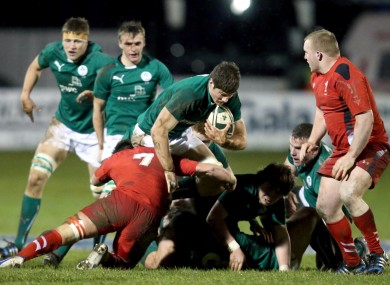 Ireland’s Jack O'Donoghue tackled by James Benjamin of Wales.