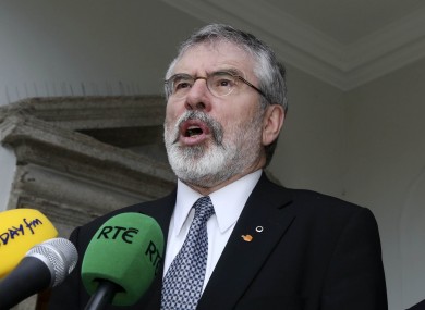 Gerry Adams and Aengus O'Snodaigh of Sinn Féin speaking to the media today.